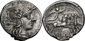 C. Aburius Geminus. AR Denarius, 134 BC. Head of Roma right, helmeted. / Mars in quadriga right. Cr. 244/1. AR. 3.93 g. 19.00 mm. Lightly toned. About...