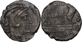 C. Numitorius C.f. AE Quardans, 133 BC. Head of Hercules right; behind, three pellets. / Prow right; above, [C.] NVMITO[ ] and before three pellets. B...