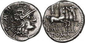 M. Acilius M.f. AR Denarius, 130 BC. Helmeted head of Roma right; behind, X; around, M. ACILIVS M.F. within double border dots. / Hercules in quadriga...
