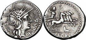 Q. Fabius Labeo. AR Denarius, circa 124 BC. Helmeted head of Roma right; behind, ROMA downwards; before, X and LABEO upwards. / Jupiter in quadriga ri...
