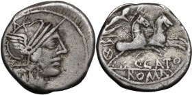 C. Porcius Cato. AR Denarius, 123 BC. Head of Roma right, helmeted. / Victory in biga right. Cr. 274/1. AR. 3.87 g. 18.00 mm. Lightly toned. VF.
