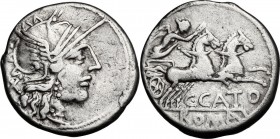 C. Porcius Cato. AR Denarius, 123 BC. Head of Roma right, helmeted. / Victory in biga right. Cr. 274/1. AR. 3.84 g. 18.50 mm. VF.