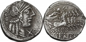 M. Fannius C.f. AR Denarius, 123 BC. Head of Roma right, helmeted. / Victory in quadriga right, holding reins and wreath. Cr. 275/1. AR. 3.79 g. 17.00...
