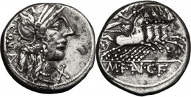 M. Fannius C. f. AR Denarius, 123 BC. Head of Roma right, helmeted. / Victory in quadriga right, holding reins and wreath. Cr. 275/1. AR. 3.87 g. 17.0...