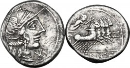 M. Fannius C.f. AR Denarius, 123 BC. Head of Roma right, helmeted. / Victory in quadriga right, holding reins and wreath. Cr. 275/1. AR. 3.95 g. 18.50...