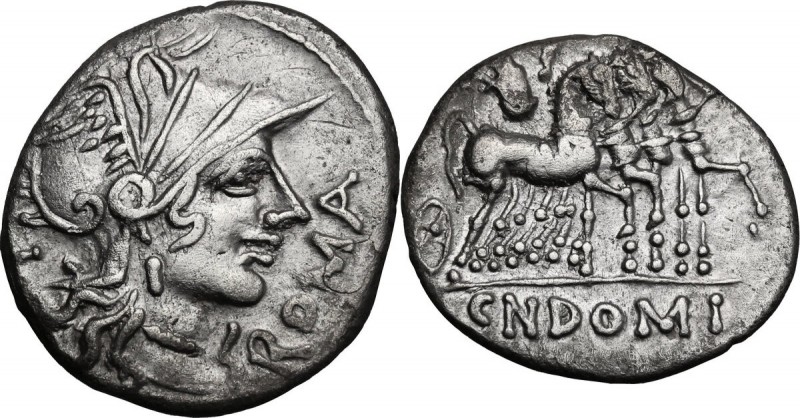 Cn. Domitius Ahenobarbus. AR Denarius, 116-115 BC. Head of Roma right, helmeted....