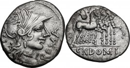 Cn. Domitius Ahenobarbus. AR Denarius, 116-115 BC. Head of Roma right, helmeted. / Jupiter in quadriga right, holding thunderbolt and branch. Cr. 285/...