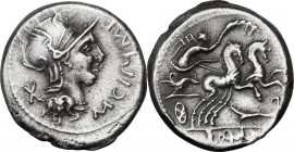 M. Cipius M.f. AR Denarius, 115 or 114 BC. Helmeted head of Roma right; before, M. CIPI M. F; behind, X. / Victory in biga right, holding reins and pa...