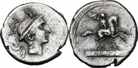 L. Philippus. AR Denarius, 113 or 11 BC. Head of Philip of Macedon right, wearing royal Macedonian helmet; under chin, Φ; behind, ROMA monogram. / Equ...