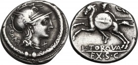 L. Manlius Torquatus. AR Denarius, 113-112 BC. Head of Roma right, helmeted, within torques. / Horseman charging left, holding spear and round shield....