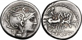 T. Manlius Mancinus, Appius Claudius Pulcher and Q. Urbinius. AR Denarius, 111-110 BC. Helmeted head of Roma right; behind, quadrangular device. / Vic...