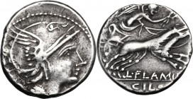 L. Flaminius Chilo. AR Denarius, 109 or 108 BC. Head of Roma right, helmeted. / Victory in biga right; holding reins and wreath. Cr. 302/1. AR. 3.83 g...