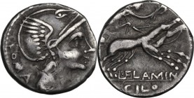 L. Flaminius Chilo. AR Denarius, 109-108 BC. Head of Roma right, helmeted. / Victory in biga right; holding reins and wreath. Cr. 302/1. AR. 3.90 g. 1...