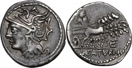 L. Appuleius Saturninus. AR Denarius, 104 BC. Head of Roma left, helmeted. / Saturn in quadriga right; below horses, E. Cr. 317/3b; B. 1. AR. 3.93 g. ...