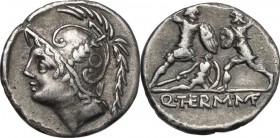 Q. Minucius Thermus. AR Denarius, 103 BC. Helmeted bust of Mars left. / Two warriors in combat, one on left protecting a fallen man. Cr. 319/1. AR. 3....