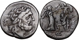 C. Fundanius. C. Fundanius. AR Quinarius, 101 BC. Laureate head of Jupiter right; behind, S between dot. / Victory right erecting trophy at base of wh...
