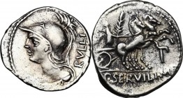 P. Servilius M.f. Rullus. AR Denarius, 100 BC. Bust of Minerva left, wearing crested Corinthian helmet and aegis; behind RVLLI. / Victory in biga righ...
