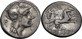 D. Silanus L.f. AR Denarius, 91 BC. Head of Roma right, helmeted; behind, R. / Victory in biga right; above, numeral. Cr. 337/3; B. Junia 15. AR. 3.75...