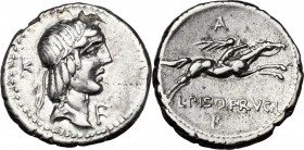 L. Calpurnius Piso Frugi. AR Denarius, 90 BC. Laureate head of Apollo right; behind, K; under chin, F. / Horseman galloping right, holding palm; above...