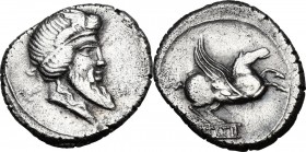 Q. Titius. AR Denarius, 90 BC. Head of Mutinus Titinus-Priapus right, wearing winged diadem. / Pegasus prancing right; below, Q.TITI in linear frame. ...
