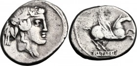 Q. Titius. AR Denarius, 90 BC. Head of young Bacchus right, wearing ivy-wreath. / Pegasus prancing right; below, Q.TITI in linear frame. Cr. 341/2. AR...