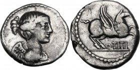 Q. Titius. AR Quinarius, 90 BC. Draped bust of Victory right. / Pegasus right; below, Q. TITI. Cr. 341/3; B. 3. AR. 2.06 g. 14.00 mm. Pleasant old cab...