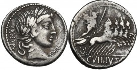 Vibius C.f. Pansa. AR Denarius, circa 90 BC. Laureate head of Apollo right; below chin, thunderbolt. / Minerva in fast quadriga right, holding spear a...