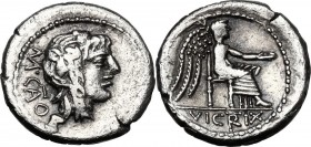 M. Cato. AR Quinarius, 89 BC. Head of Liber right, wearing ivy-wreath. / Victory seated right, holding patera and palm branch. Cr. 343/2a. AR. 2.04 g....