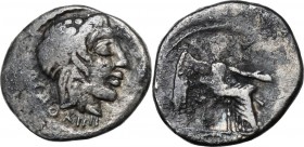 M. Cato. AR Quinarius, 89 BC. Ivy-wreathed head of Liber right; below, XIIII. / Victory seated right, holding patera and palm-branch; in exergue, VICT...