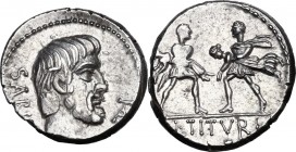 L. Titurius L. f. Sabinus. AR Denarius, 89 BC. Head of King Tatius right. / Two soldiers facing each other, each carrying off a Sabine woman. Cr. 344/...