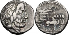 L. Rubrius Dossenus. AR Denarius, 87 BC. Head of Jupiter right, laureate; behind, sceptre. / Triumphal chariot right, small Victory standing on it. Cr...