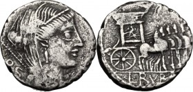 L. Rubrius Dossenus. AR Denarius, 87 BC. Head of Juno right, diademed, veiled, with sceptre on left shoulder. / Triumphal chariot, side panel decorate...
