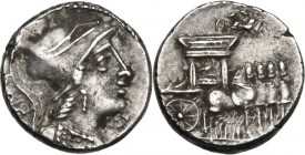 L. Rubrius Dossenus. AR Denarius, 87 BC. Helmeted bust of Minerva right, wearing aegis. / Triumphal chariot with side panel decorated with eagle; abov...