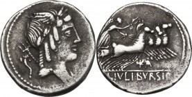 L. Julius Bursio. AR Denarius, 85 BC. Male head right, with the attributes of Apollo, Mercury and Neptune; behind, cornucopiae. / Victory in quadriga ...