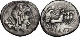 L. Iulius Bursio. AR Denarius, 85 BC. Male head right with attributes of Apollo, Mercury and Neptune; behind, ivy leaf with berry. / Victory in quadri...