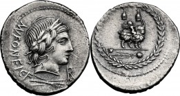 Mn. Fonteius C.f. AR Denarius, 85 BC. Head of Vejovis right, laureate. / Infant winged Genius seated on goat right; above, caps of the Dioscuri; below...