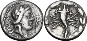 Q. Fabius Maximus. AR Denarius, restored issue, 82-80 BC. Laureate head of Apollo right; below chin, X; behind, ROMA; Q. M[AX] below and lyre before. ...
