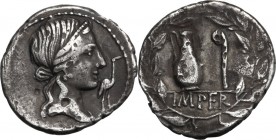 Q. Caecilius Metellus Pius. AR Denarius, 81 BC. Head of Pietas right, diademed; before, stork. / Jug and lituus; in exergue, IMPER. All within wreath....