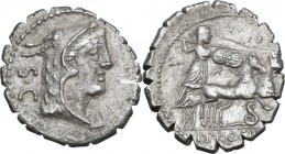 L. Procilius. AR Denarius serratus, 80 BC. Head of Juno Sospita right, wearing goat-skin headdress. / Juno Sospita driving galloping biga right, hurli...
