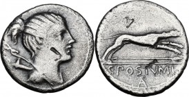 C. Postumius. AR Denarius, 74 BC. Bust of Diana right, wearing hair tied into knot; bow and quiver over shoulder. / Hound running right; hunting spear...