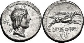 C. Piso L. f. Frugi. AR Denarius, 67 BC. Head of Apollo right, laureate; behind, star. / Naked horseman galloping right, holding palm-branch; below, C...