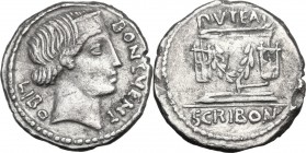 L. Scribonius Libo. AR Denarius, 62 BC. Diademed head of Bonus Eventus right. / Puteal Scribonianum decorated with garland and two lyres; at base, at ...