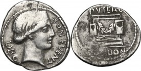 L. Scribonius Libo. AR Denarius, 62 BC. Diademed head of Bonus Eventus right. / Puteal Scribonianum decorated with garland and two lyres; at base, ton...