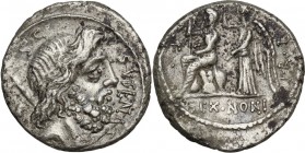 M. Nonius Sufenas. AR Denarius, 59 BC. Head of Saturn right; behind, harpa above baetyl. / Roma seated left being crowned by Victory who stands behind...