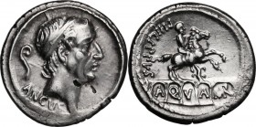 L. Marcius Philippus. AR Denarius, 56 BC. Head of Ancus Marcius right, diademed; behind, lituus. / Equestrian statue right, on arcade of five arches w...
