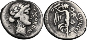 L. Vinicius. AR Denarius, 52 BC. Head of Concordia right, laureate. / Victory flying right, carrying palm branch decorated with four wreaths. Cr. 436/...