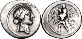 Julius Caesar. AR Denarius, 47-46 BC. Diademed head of Venus right. / CAESAR. Aeneas advancing left, carrying palladium in right hand and Anchises on ...