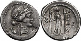 P. Clodius M.f. Turrinus. AR Denarius, 42 BC. Head of Apollo right, laureate, behind, lyre. / Diana standing right, with bow and quiver over shoulder,...