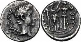 Augustus (27 BC - 14 AD). AR Quinarius, Emerita mint, 25-23 BC. Head right. / Victory standing right, crowning trophy. RIC I (2nd ed.) 1A. AR. 1.54 g....