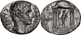 Augustus (27 BC - 14 AD). AR Denarius, 19 BC, Colonia Patricia mint. Head right. / Tetrastyle domed temple containing the statue of Mars standing left...